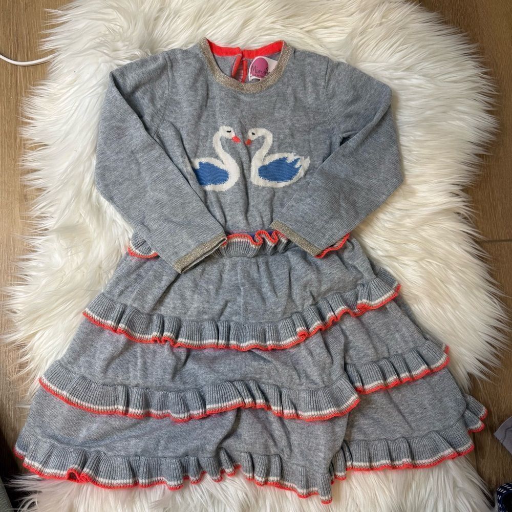 [Mini Boden] Gray and Pink Ruffled Tiered Swan‎ Sweater Dress - Size 5-6y